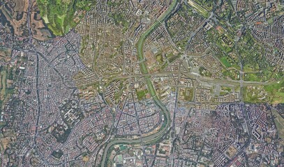 Rome, Italy: High-Resolution Aerial View of the Dense Urban Fabric and Tiber River