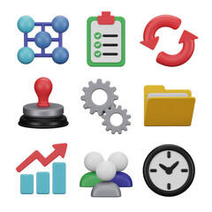 3D Business and Workflow Icons Arranged in a Grid on Black Background process management isolated on a transparent background