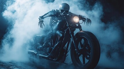 Motorcycle with a skeleton emerging from smoke in a dark setting.