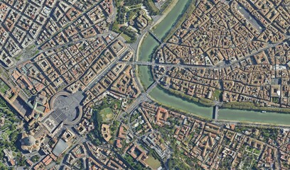 Rome, Italy: High-Resolution Aerial View of the Dense Urban Fabric and Tiber River