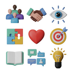 3D Icons Representing Teamwork, Goals, and Ideas on Black Background people group isolated on a transparent background