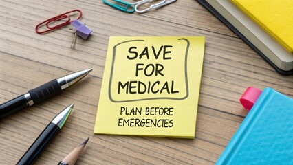 Save for medical expenses concept with sticky note, pen, notepad, paper clips, pencil, and colorful notebook on wooden desk