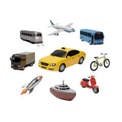 Assortment of 3D isometric transportation vehicles including a rocket and a boat airplane train isolated on a transparent background