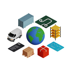 Circular arrangement of isometric logistics and delivery icons around a central globe shipping transport isolated on a transparent background
