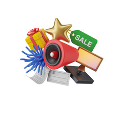 Clustered 3D Marketing and Sales Icons with Dynamic Arrangement promotion advertising isolated on a transparent background