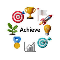 Circular Arrangement of Success Icons Surrounding the Word Achieve goal target isolated on a transparent background