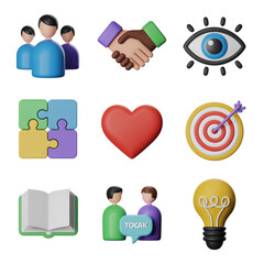 Collection of 3D Icons Representing Business Concepts and Teamwork collaboration isolated on a transparent background
