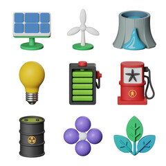 Collection of 3D isometric icons symbolizing different energy sources and concepts power electricity isolated on a transparent background