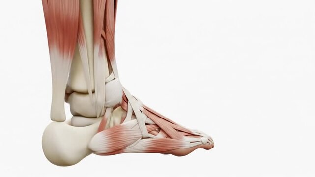 Anatomical illustration of the human foot showing bones, muscles, and tendons.