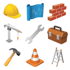 Construction Icons Isometric View Hard Hat Blueprint Brick Wall Crane Wrench Toolbox Hammer Traffic Cone Ladder isolated on a transparent background