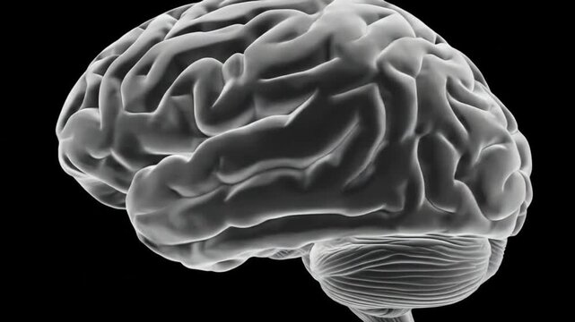 Three-dimensional rendering of a human brain, showcasing its intricate structure and lobes against a dark background.