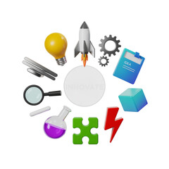 Innovation and Idea Generation Concept with Rocket Lightbulb Gears and Puzzle graphic design isolated on a transparent background