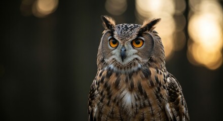 Close-up of an owl, facing forward, against a bokeh background of forest