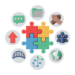 Interconnected Icons Representing Teamwork Collaboration and Global Connection communication data isolated on a transparent background