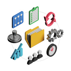 Isometric 3D Business Icons Arranged in a Circle on Black Background workflow process isolated on a transparent background
