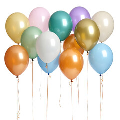 A cluster of pastel and metallic balloons in various shades