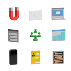 Marketing Business Icons with Magnet Email Laptop and Database form group isolated on a transparent background