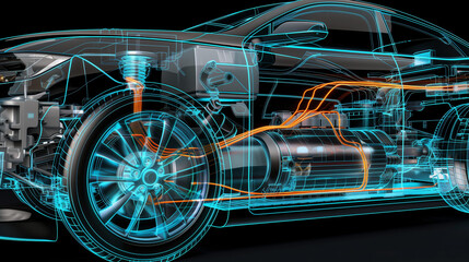 Extreme close-up of EV’s transparent chassis: glowing current lines, spinning rotor, 3D-rendered electric motor with energy flow, cool palette.