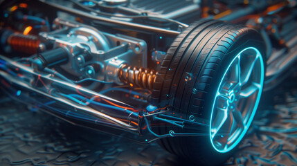Extreme close-up of EV’s transparent chassis: glowing current lines, spinning rotor, 3D-rendered electric motor with energy flow, cool palette.