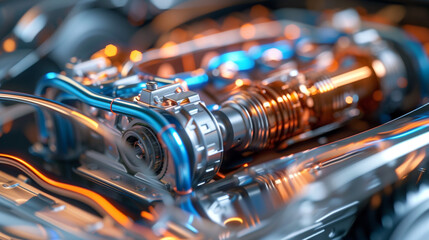 Extreme close-up of EV’s transparent chassis: glowing current lines, spinning rotor, 3D-rendered electric motor with energy flow, cool palette.