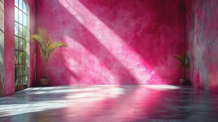 Naklejka premium Dramatic Sunlight Streaming into an Empty Pink Textured Room.