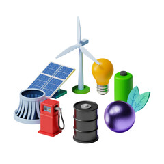 Renewable Energy and Fossil Fuel Icons with Light Bulb and Battery solar panel wind turbine isolated on a transparent background