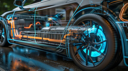 Extreme close-up of EV’s transparent chassis: glowing current lines, spinning rotor, 3D-rendered electric motor with energy flow, cool palette.