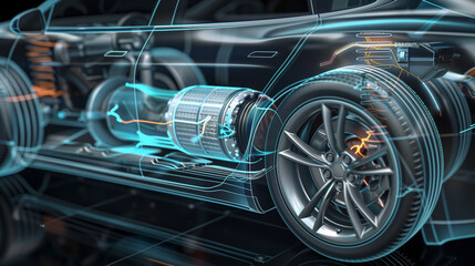 Extreme close-up of EV’s transparent chassis: glowing current lines, spinning rotor, 3D-rendered electric motor with energy flow, cool palette.
