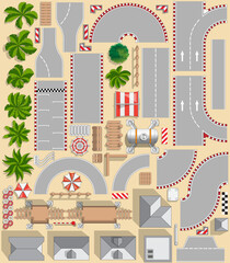 Set of elements of the race track. Set for creating a game. Isolated on a colored background. View from above. Vector illustration.