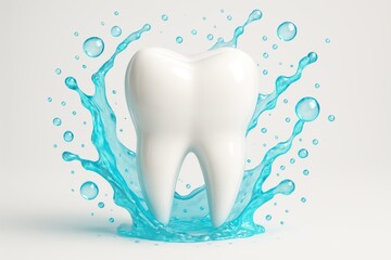Teeth Whitening: A pristine, bright tooth surrounded by a splash of fresh, clear liquid, representing the essence of dental hygiene and health. 