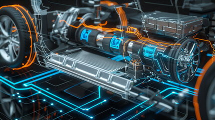 Extreme close-up of EV’s transparent chassis: glowing current lines, spinning rotor, 3D-rendered electric motor with energy flow, cool palette.