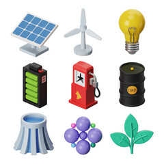 Set of 3D isometric icons representing energy sources and related objects power electricity isolated on a transparent background