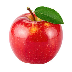 A single, vibrant red apple with a green leaf