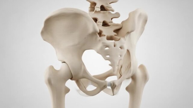 A detailed 3D anatomical model of the human pelvis, including the hip bones, sacrum, and coccyx, on a white background.