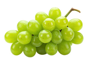 Close-up of a bunch of vibrant green grapes.  A cluster of plump, round grapes, light lime green in color, are arranged tightly together.  Stem attached.  Isolated on black