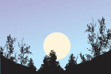 Scenic Sunset or Sunrise Landscape with Silhouetted Trees and Bright Sun