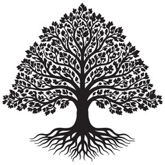Obraz premium Stylized Tree Silhouette with Branches, Leaves, and Roots Minimal Nature Illustration on White Background