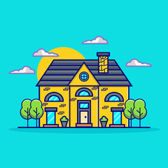 Yellow Pixel Art House with Gray Roof Against a Teal Sky Featuring Trees Clouds and a Yellow Sun