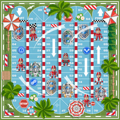 Racing on sports boats. Board game. Vector illustration.