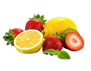 Vibrant close-up of fresh, juicy fruit.  Lemons, strawberries, and kiwi