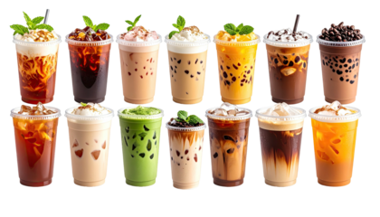 Assorted beverages in clear plastic cups, featuring various flavors and toppings.  A variety of iced teas, coffees, and bubble teas are displayed