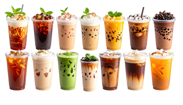 Assorted beverages in clear plastic cups, featuring various flavors and toppings.  A variety of iced teas, coffees, and bubble teas are displayed