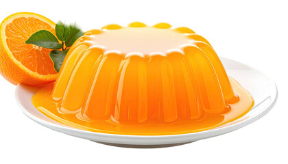Orange jelly dessert on a plate, with slice of orange