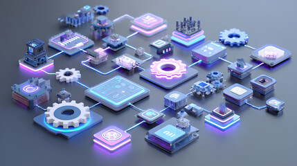 AI workflow automation artificial intelligence software interface nodes triggers data tool dashboard coding icon flow process technology 3d rendering. Stock Illustration