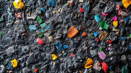 macro shot showing the beautiful, textured surface of a panel made from recycled plastics, with colorful flecks embedded within. A symbol of the circular economy and sustainable innovation.