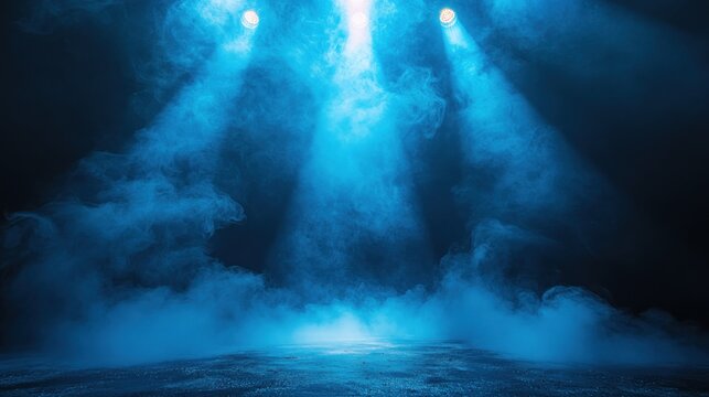 Dramatic blue spotlights shining through smoke on a dark stage.
