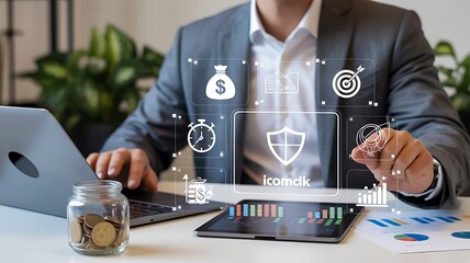 Business professional analyzing financial data with digital overlays