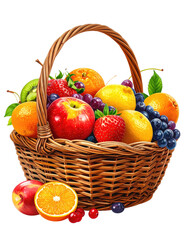 A wicker basket overflowing with a variety of colorful fruits, including oranges, apples, grapes, strawberries, kiwi, and lemons.  Fresh, vibrant, and healthy