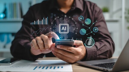 Man using smartphone with artificial intelligence data visualization overlay