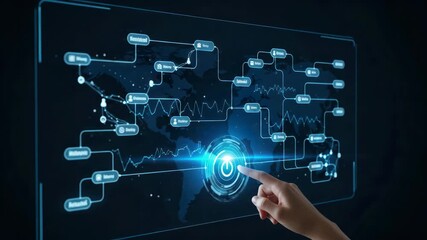 Global Data Network Interface Touchscreen, Futuristic World Map Visualization of Digital - Powered by Adobe
